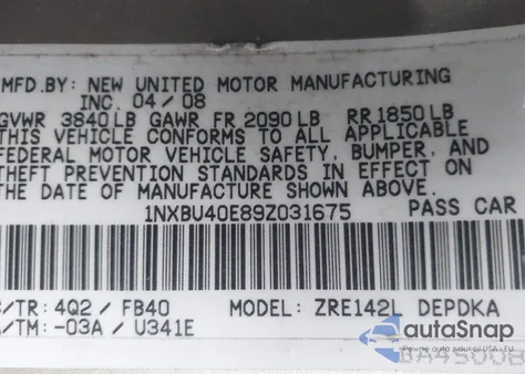 2009 Toyota Corolla Le из США, поврежденный, VIN 1NXBU40E89Z031675